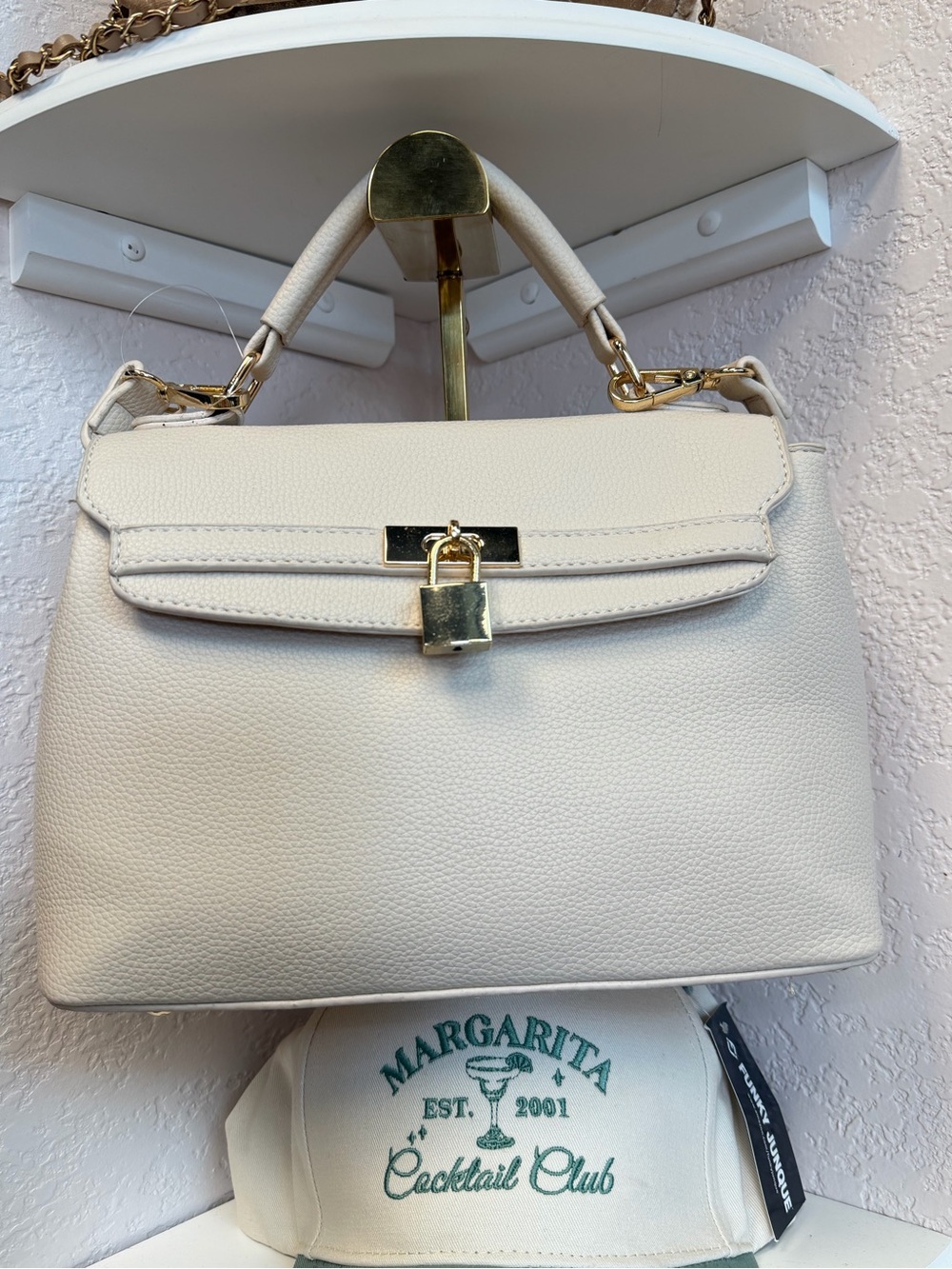 NWT Ivory Medium Satchel Handbag Gold Lock Hardware